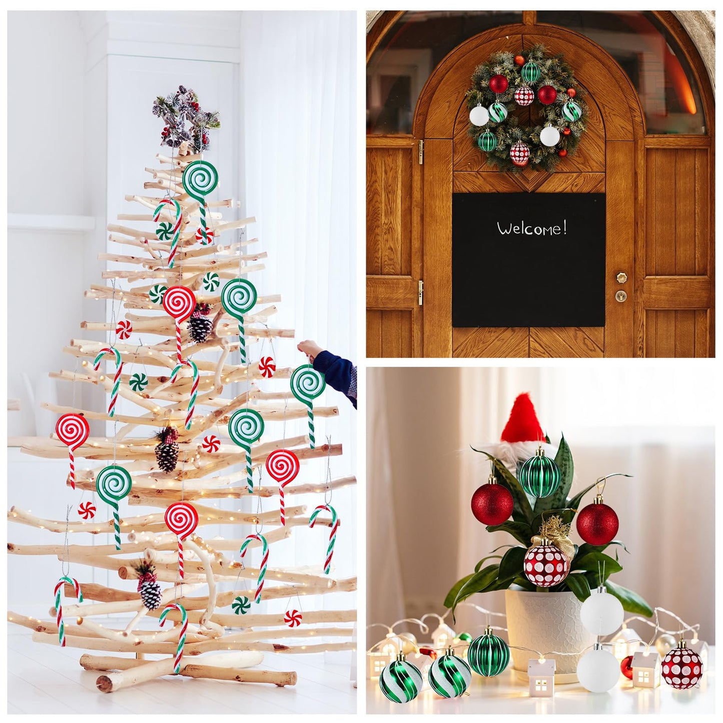 Liliful 66 Pcs Classic Red White Green Christmas Ball Ornaments Decor and Candy Canes Xmas Tree Decorations for Christmas Tree Hanging Decor Candy Lollipop Craft Xmas Party Supplies(Red Green White)
