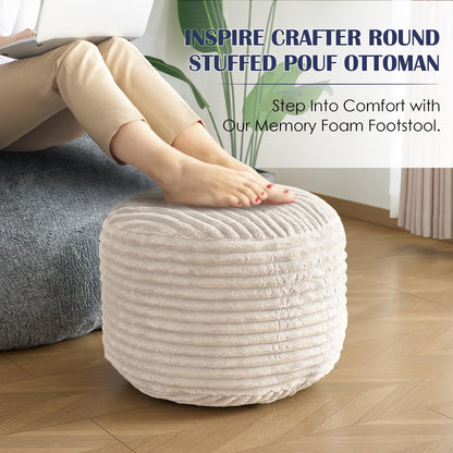 INSPIRE CRAFTER Round Pouf Ottoman,Corduroy Poufs with Memory Foam Filling for Foot Rest,Soft Footstool for Living Room,Office,20"x 15",Beige