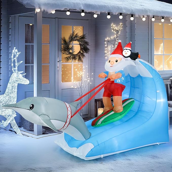Vigdur 8FT Christmas Santa Claus Inflatables, Hawaiian Surfing Santa Blowups with Built-in LED Lights, Hawaiian Christmas Decorations for Holiday Indoor Yard Lawn Garden Outside Home Decor