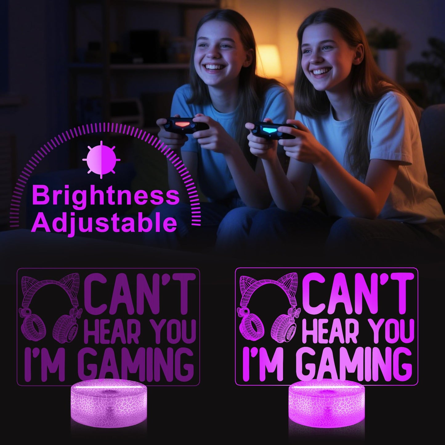 YuanDian Can't Hear You I'm Gaming Night Light, Headset Graphic Video Games Gamer Gift Funny 3D Illusion Lamp 16 Colors Changing Touch & Remote Control for Women Gamers Teenagers and Girls