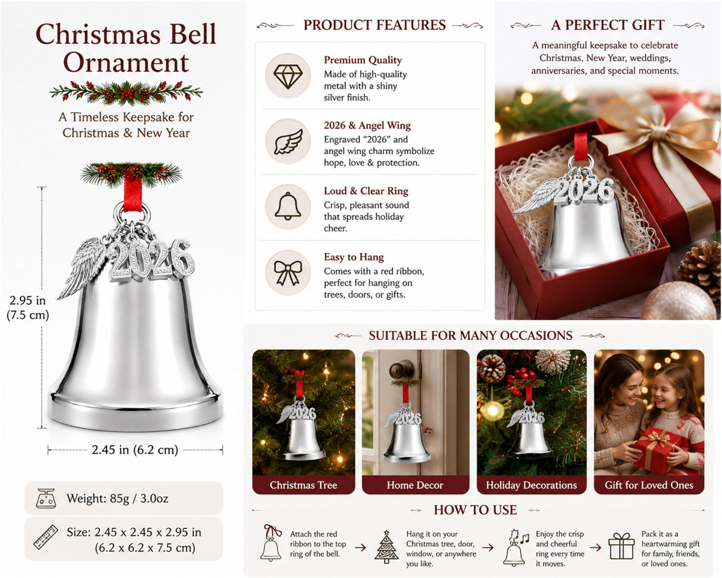 JUPPE It's a Wonderful Life Silver Bell Christmas Ornament, 3 Inch Metal Holiday Tree Decoration with Snowflake Topper, 2026 Charm and Red Ribbon (Silver)