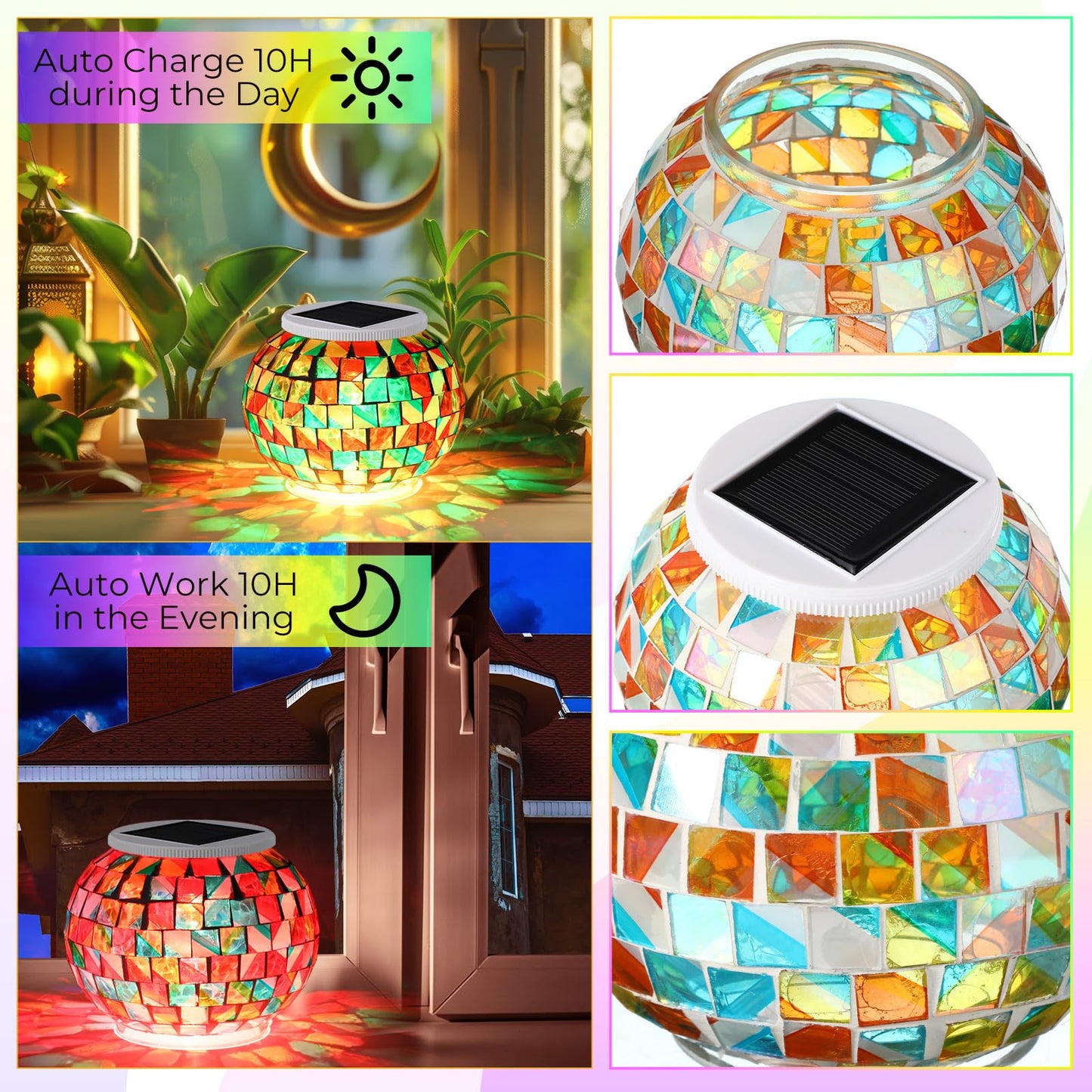 VIHOSE 4 Pcs Color Changing Mosaic Solar Lights Outdoor LED Ball Globe Garden Table Light Waterproof Solar Night Lamps for Christmas Patio Garden Party Yard