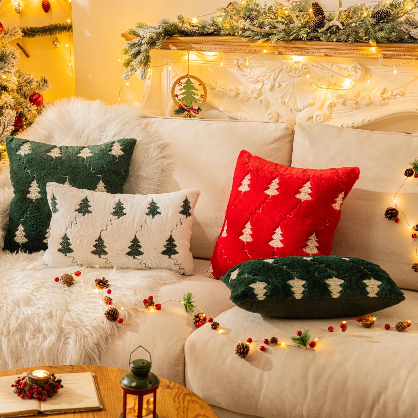 AQOTHES Christmas Tree Embroidered White Throw Pillows Cover 18x18 Inch, Set of 2 Packs Winter Soft Fluffy Decorative Throw Pillows Covers Decor for Home Sofa Couch Bed Room
