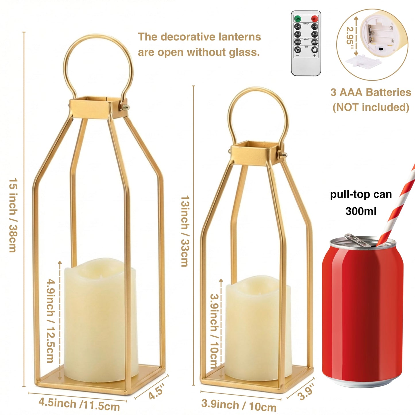 Perfnique Modern Farmhouse Lantern Decor, 15'' 12.6'' Set of 2 Gold Metal Lanterns, 2 LED 6hr Timer Flameless Candles ＆ Remote Timer, Lanterns Decorative for Outdoor, Porch, Fireplace, Patio