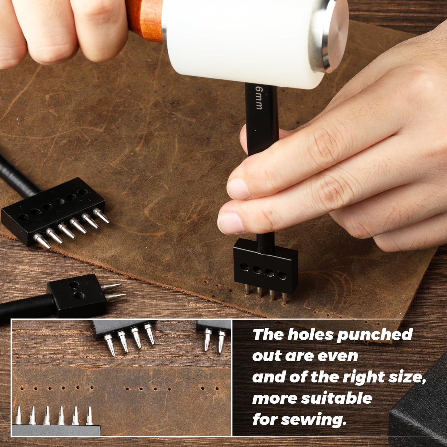 DIUDUS Leather Hole Punch, Prong Punch Tool 6mm 2/4/6 Lacing Stitching Punch, Round Hole Prong Stitching Chisel Set Leatherworking Tools for Leathercraft