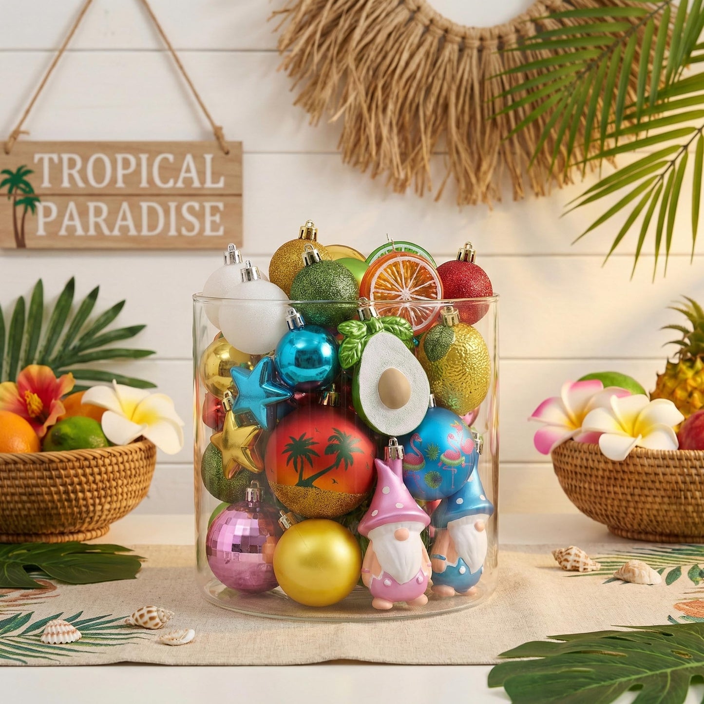 Valery Madelyn 30ct Summer Tree Ornaments Christmas in July Decorations, Coastal Beach Ocean Theme Set with Flamingo, Gnome, Avocado, Lemon & Palm Tree. Shatterproof Balls for Hawaiian Tropical Party