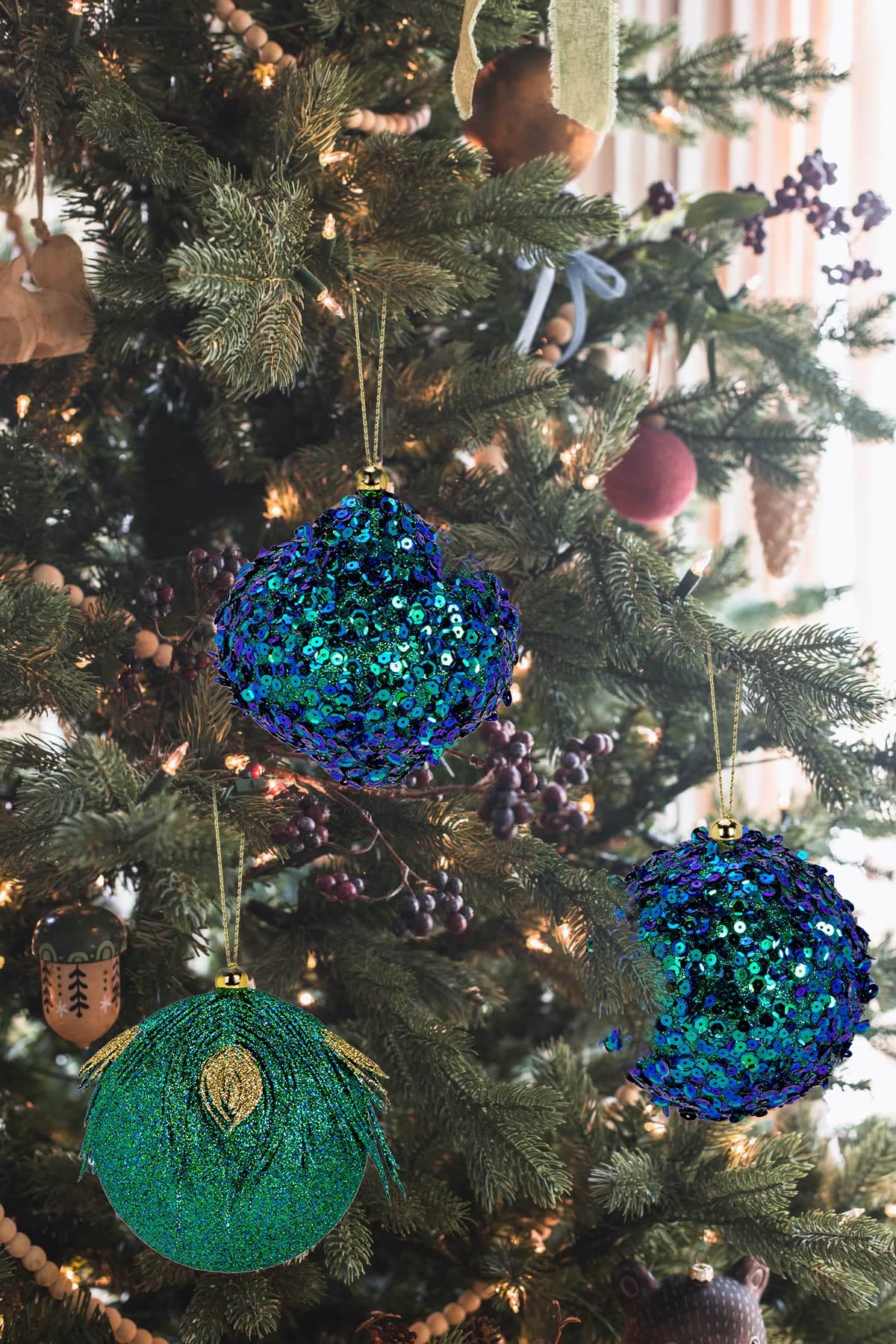 Briful 3.93'' Christmas Ball Ornaments Xmas Tree Decorations, Elegant Peacock Blue Christmas Ornaments for Home Decor Indoor Garland Holidays – Set of 12 Unique