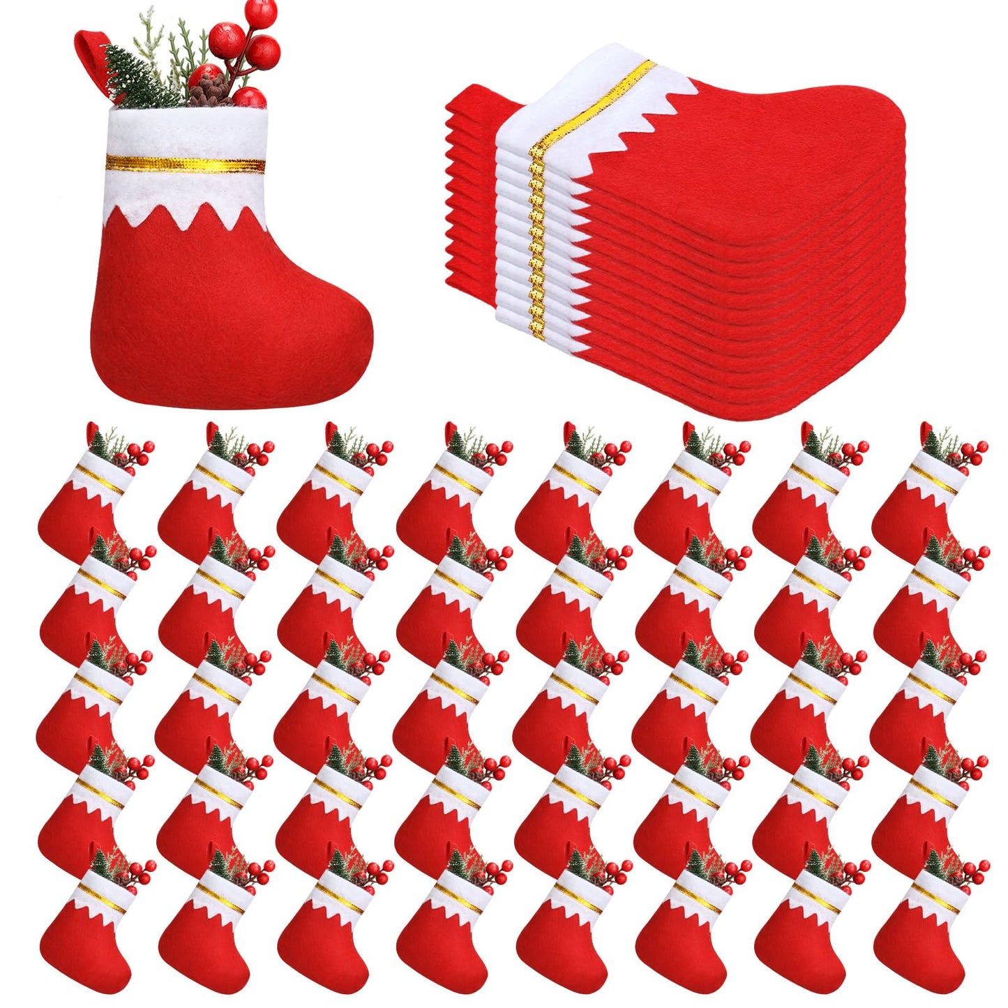Ceenna 48 Pcs 5 Inch Mini Summer Christmas Stockings Bulk Felt Xmas Stockings July in Christmas Tree Hanging Ornament for Family Holiday Decoration DIY Craft Xmas Kids Stocking Bags(Classic)