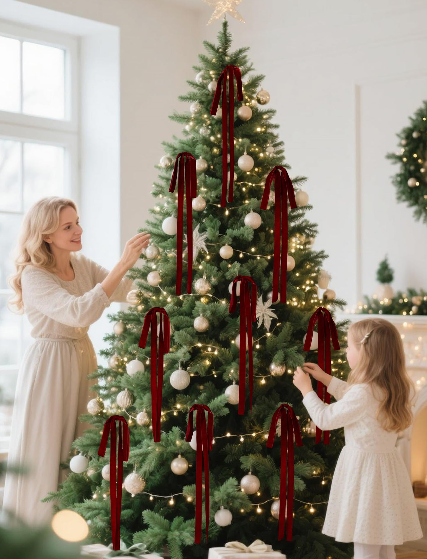SIMISI RIBBON Burgundy Long Velvet Bows Ornaments for Christmas Tree, Wreath, Garland, Swag, Staircase, Fireplace, Door (15 * 24 inch, 6 Pieces)