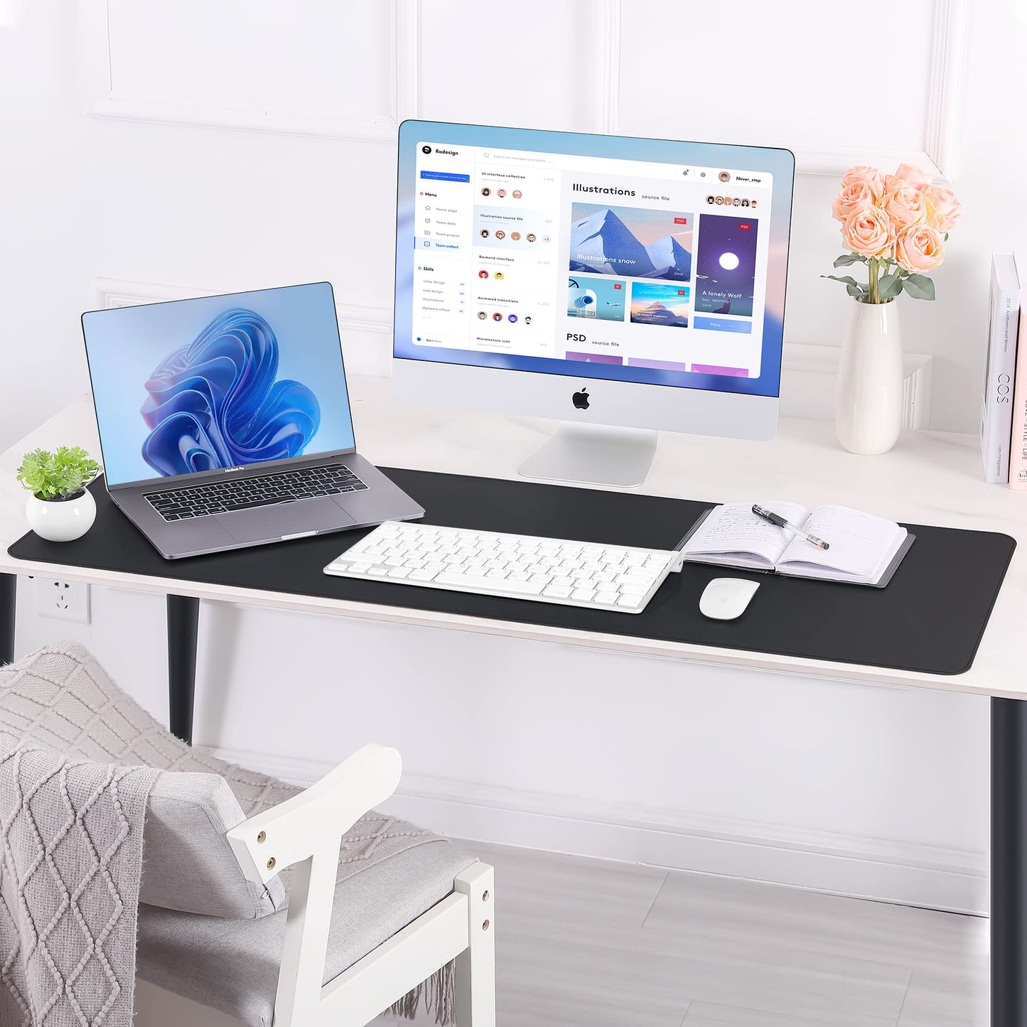 Large Desk Mat 47.2" x 17" Leather Desk Pad Protector with Natural Cork & PU Leather, Non-Slip Office Desk Mat, Large Mouse Pad, Waterproof Desk Blotter pad for Office&Home(Black)