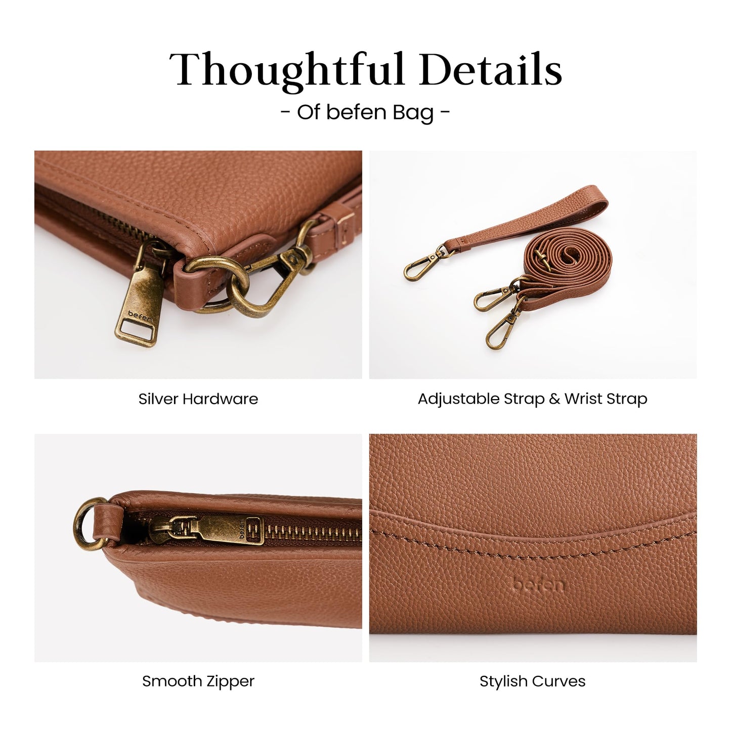 befen Genuine Leather Clutch Purse for Women RFID Blocking Wristlet Purses Brown Crossbody Bag Small Real Leather Crossbody Wallet for Travel Soft Designer Handbag with Shoulder and Wrist Strap