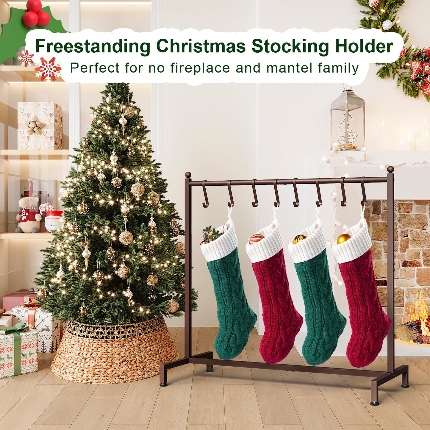 ELYKEN Christmas Stocking Holder, Free Standing Stocking Rack with 8 Removable Hooks, Small Stocking Stand, Heavy Duty Metal Tubes with Stable Base and Adjustable Feet, Bronze