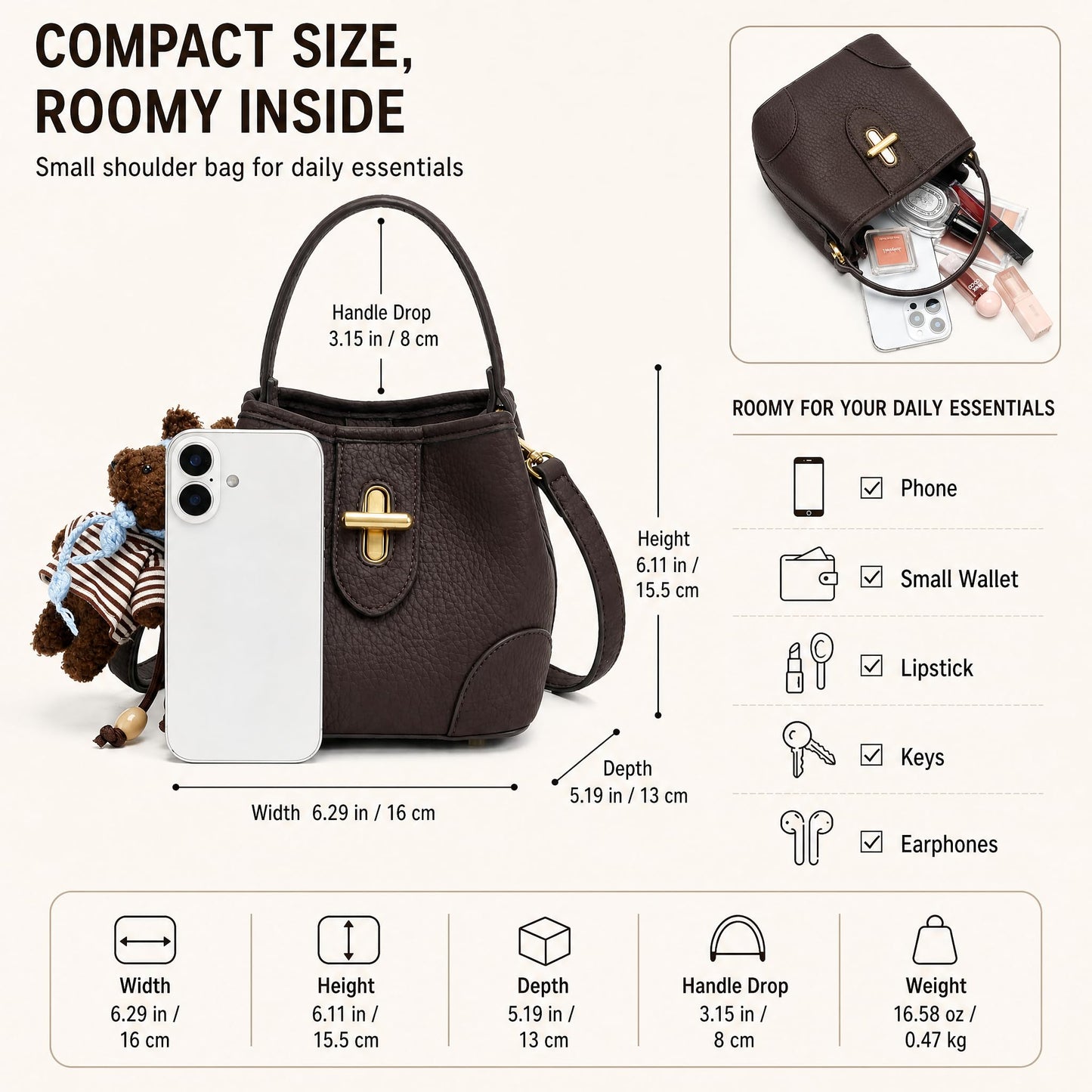 COC.EFRENAR Women's Mini Top Handle Bag, Vegan Leather Crossbody Shoulder Purse with Cute Bear Charm & Scarf, Small Bucket Handbag with Adjustable Strap