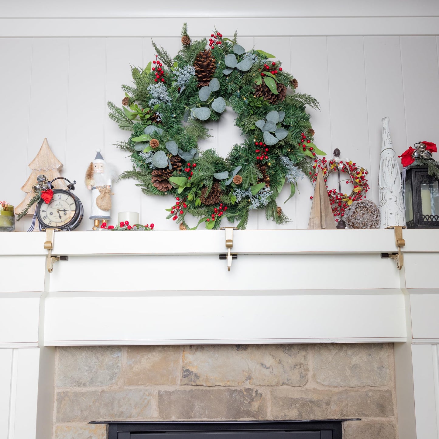 [Fireplace Stocking and Garland Hanger] - Patented Mantle Holder Has Two Hooks - Hold Christmas Stocking and Hang Garland - Durable Wrought Iron - Padded Contact Points (2 Pack - Gold)