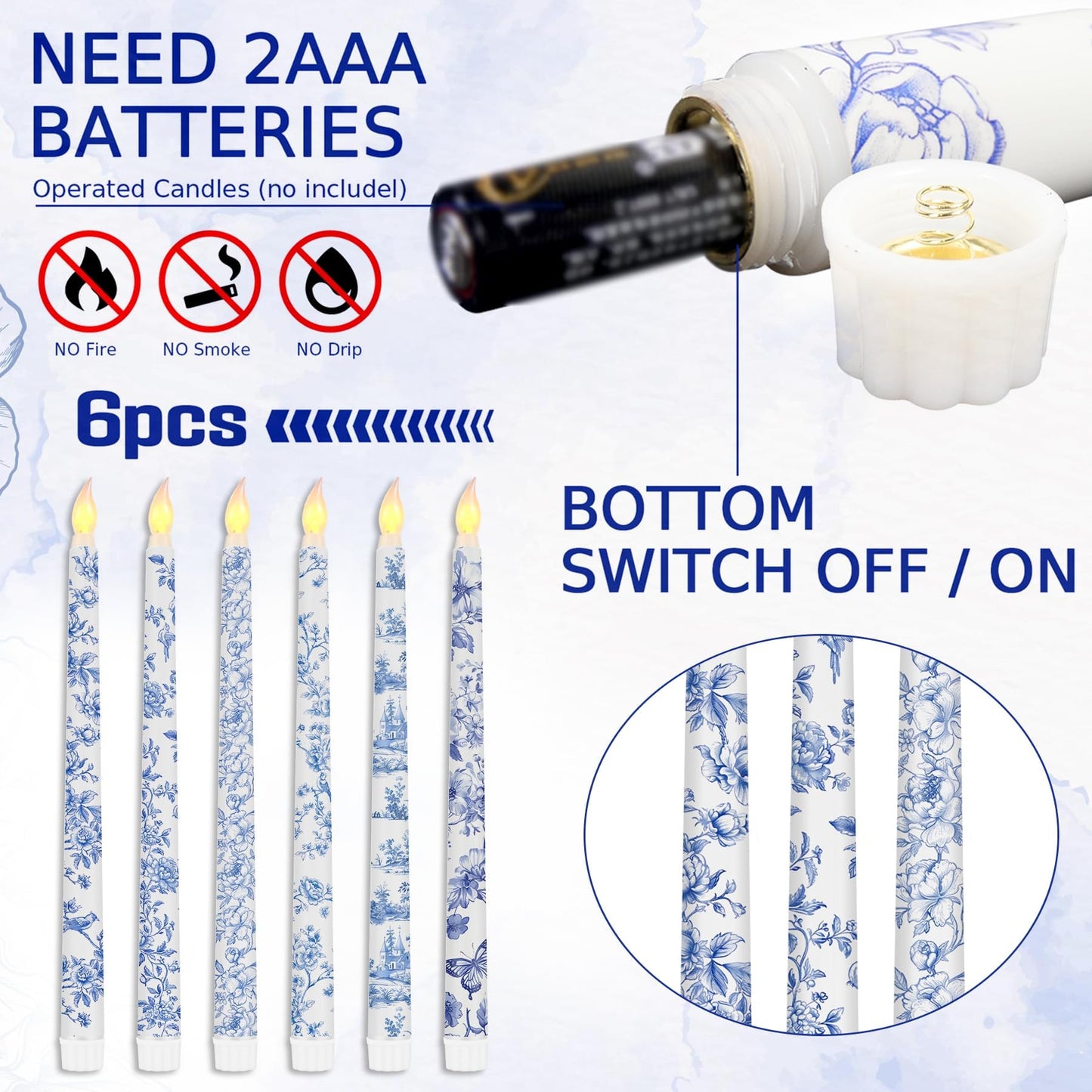 Kuabiz 6 Pcs Chinoiserie Flameless Candles 10.8 Inch Floral Taper Candles Blue and White Battery Operated Candle Decor for Wedding Table Centerpiece Garden Home Party Decor Supplies