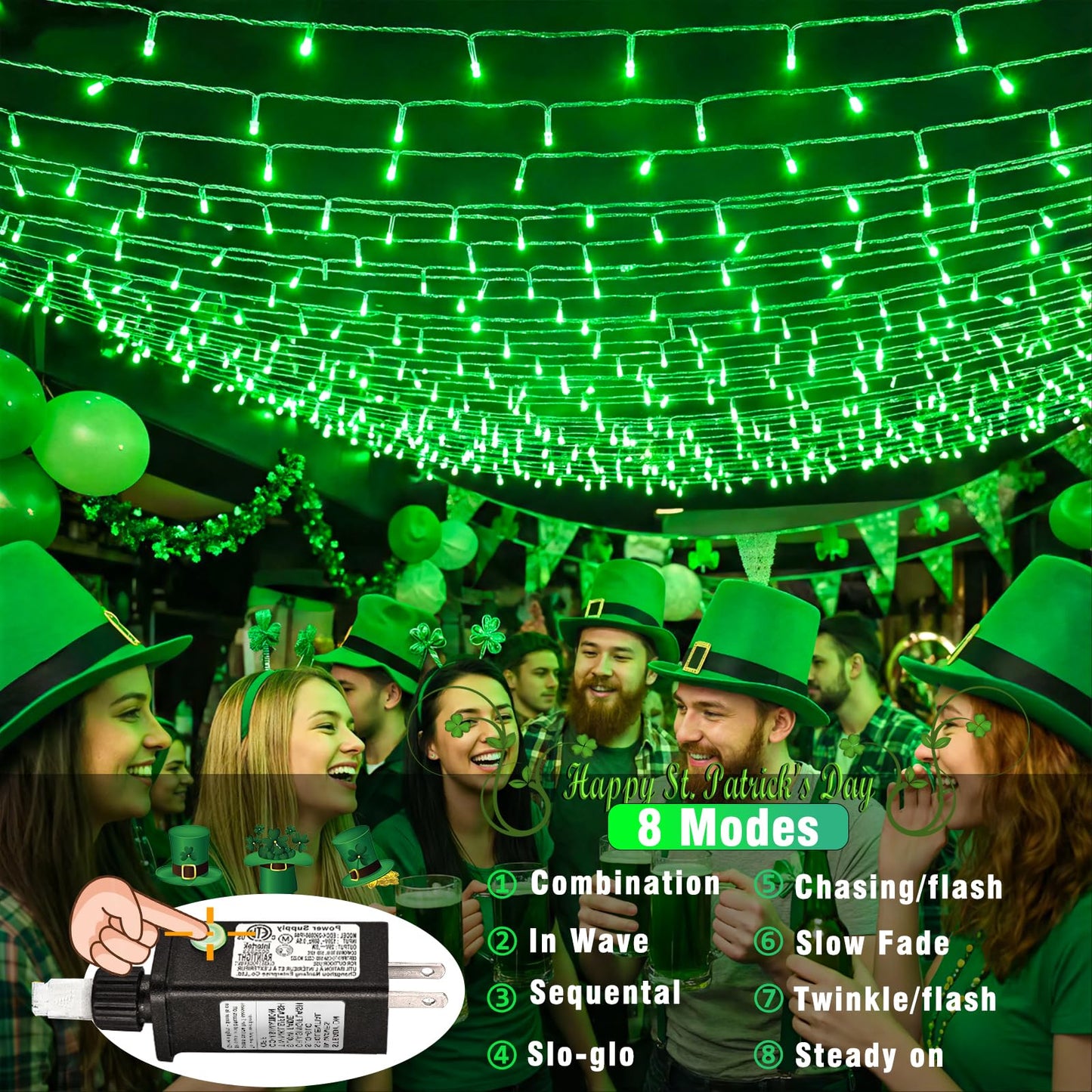 Vivideal 300 LED String Lights Indoor, 99ft Green St Patricks Day Lights for Bedroom Clear Wire 8 Modes, Waterproof Plug in Christmas Light with Timer Memory for Room Tree Party Decorations
