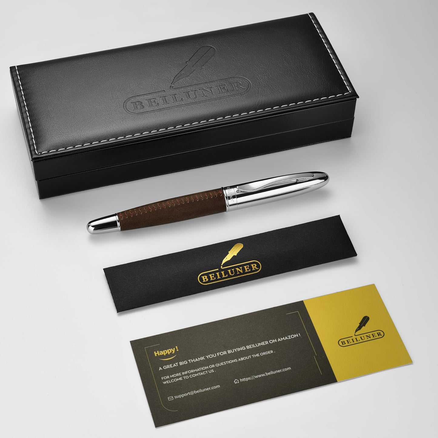 BEILUNER 318 Luxury Leather Pen, Full Grain Oil Tan Crazy Horse Cowhide Leather, Chrome-Plated Finish, Schmidt Ink Refill, Best Rollerball Pen Gift for Men & Women,Executive, Professional, Nice Pens