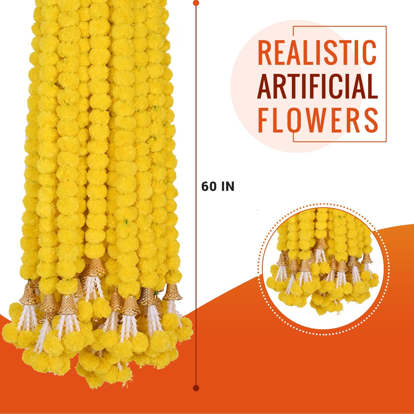 DIYANA IMPEX Marigold Garland for Decoration 5 Pcs of 5 feet Long Strands Artificial Marigold Flowers with Bell, Indian Décor for Pooja/Diwali/Wedding/Christmas (Yellow)