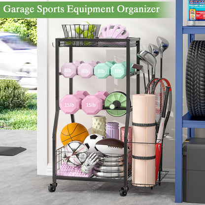 ThreeHio Home Gym Storage Rack, Dumbbell Rack with Yoga Mat Storage, Weight Rack Stand with Lockable Wheels and Hooks, Home Workout Equipment Organizer for Yoga, Dumbbell, Kettlebells, Ball Storage