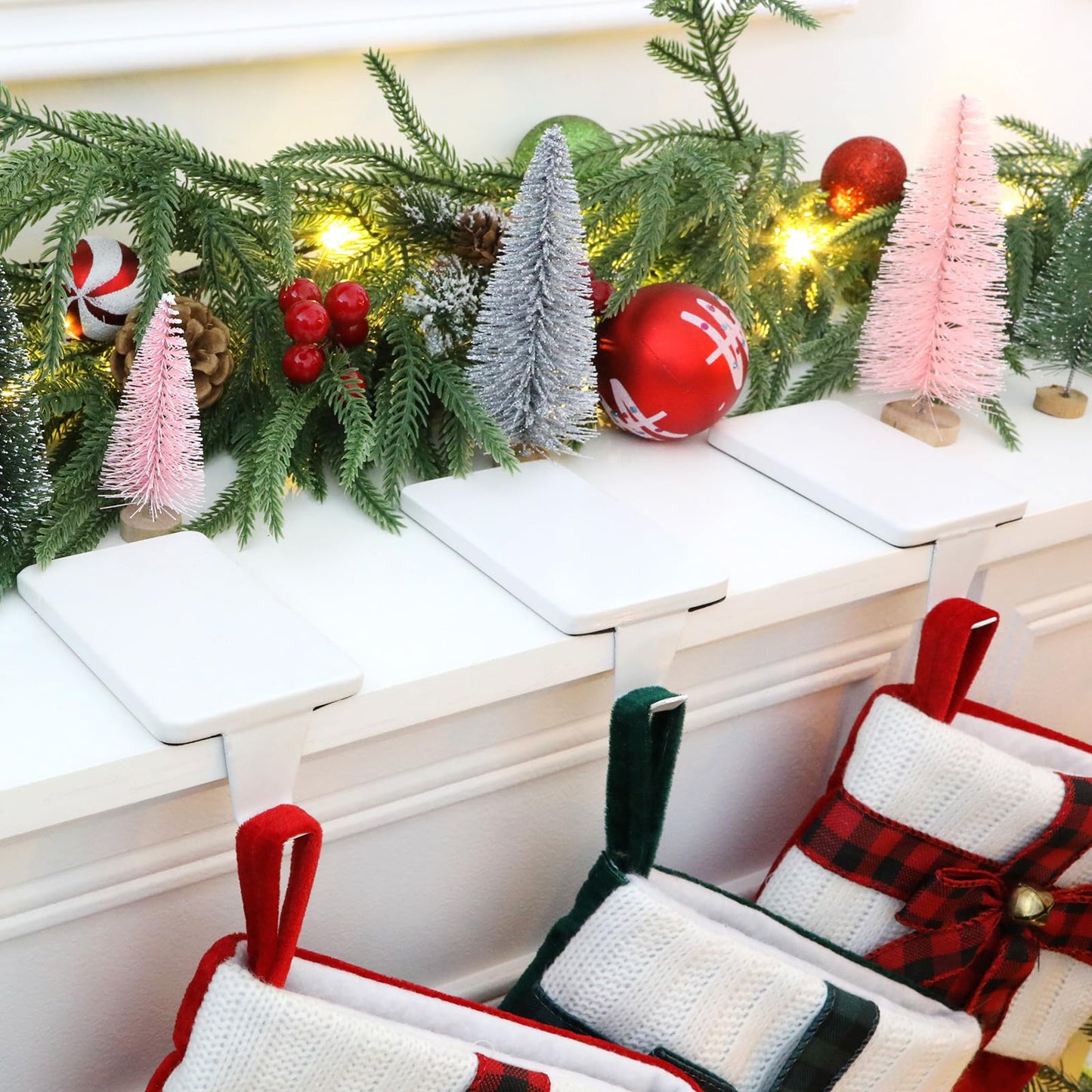 HMASYO Christmas Stocking Holders for Mantle Set of 4, White Heavy Duty Iron Stocking Hangers Base, Low Profile Weighted Stocking Holder Hooks for Fireplace Tabletop Shelf Christmas Decoration