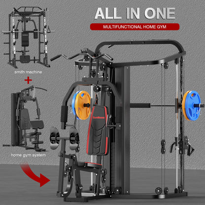 SunHome Multifunction Home Gym Equipment Workout Station, Smith Machine with 138LB Weight Stack, Leg Press, LAT Station for Full Body Training