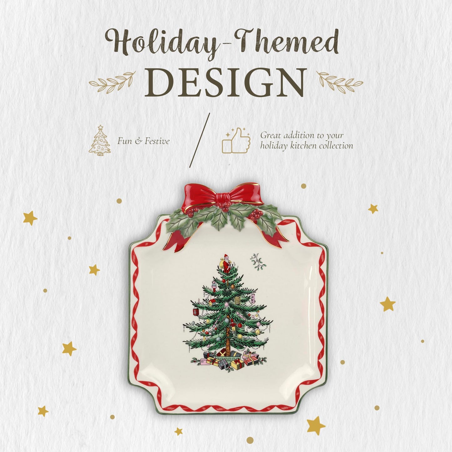Spode Christmas Tree Ribbons Canape Platter - 6.5-Inch Holiday Serving Plate for Desserts, Appetizers, and Treats - Festive Earthenware Christmas Dinnerware with Gold Accents - Dishwasher Safe