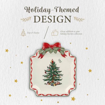 Spode Christmas Tree Ribbons Canape Platter - 6.5-Inch Holiday Serving Plate for Desserts, Appetizers, and Treats - Festive Earthenware Christmas Dinnerware with Gold Accents - Dishwasher Safe