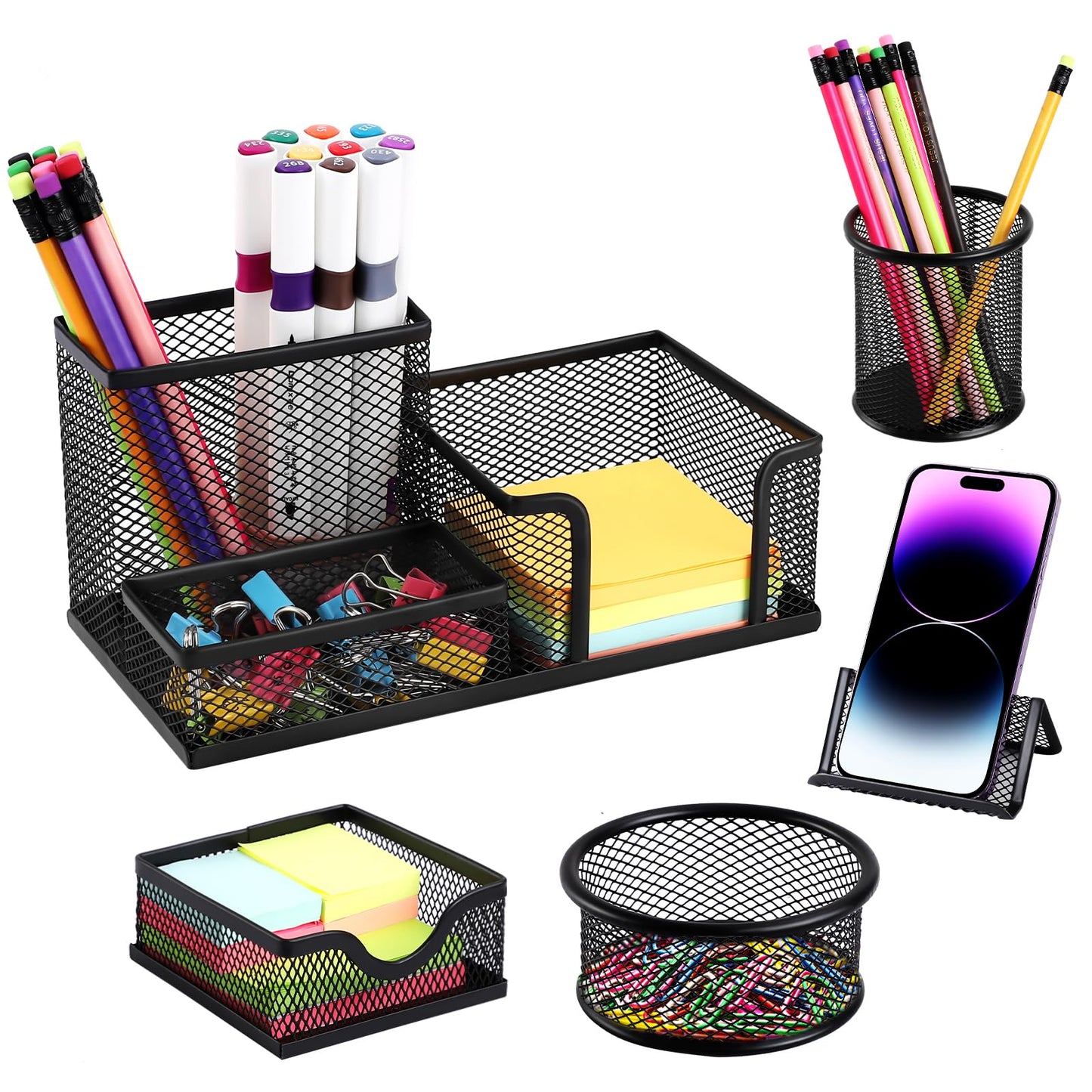 Byjoph Mesh Pen Holder for Desk Pencil Holders 5 Pieces Desk Organizer Office Supplies Caddy with Sticky Notes Holder for Office School Home Black