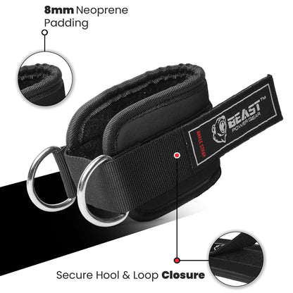 Beastpowergear Padded Ankle Strap for Cable Machine, Kickbacks, Glutes, Abs and Hip Workouts, Leg Extensions Adjustable Ankle Strap for Men Women (Black, Single)