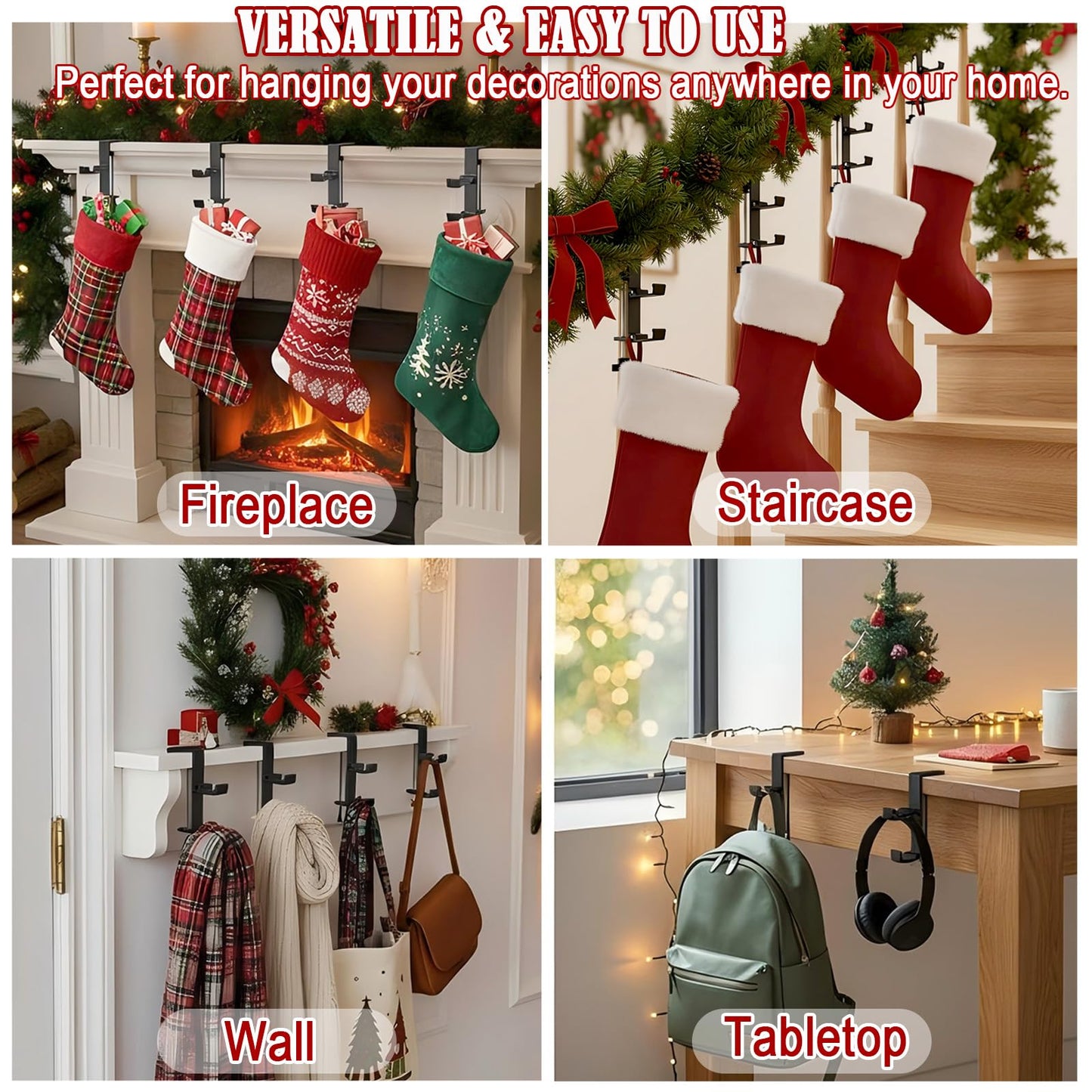 TGLIFEVER Christmas Garland and Stocking Hangers for Mantle, Adjustable 2 in 1 Mantel Stocking Holders with Foldable Double Hooks, Heavy Duty No Drill Fireplace Garland Hooks for Xmas Home Decoration