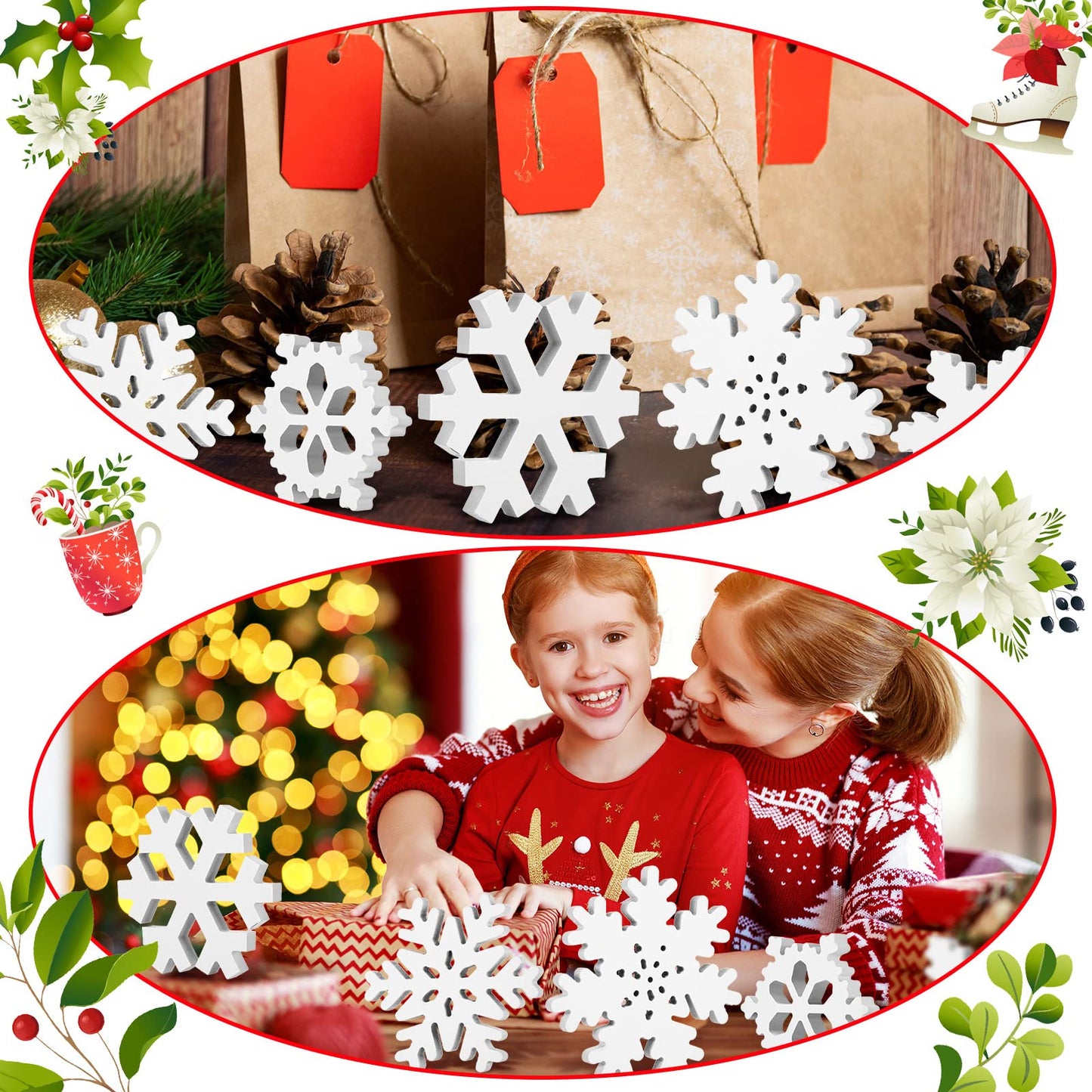 Kajaia 9 Pcs Winter Wooden Snowflake Table Decorations White 3D Snowflake Tabletop Centerpieces Winter Standing Sign Xmas Tiered Tray Decor for Home Fireplace Mantel Party Supplies