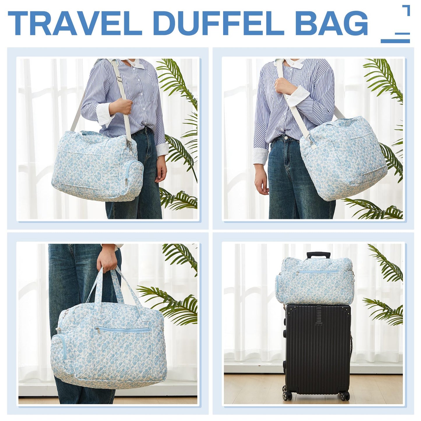Abbylike 2 Pcs Large Quilted Duffle Bag Blue Floral Coquette Duffle Bag with Makeup Pouch Quilted Weekender Diaper Tote with Shoe Compartment for Women Travel Hospital