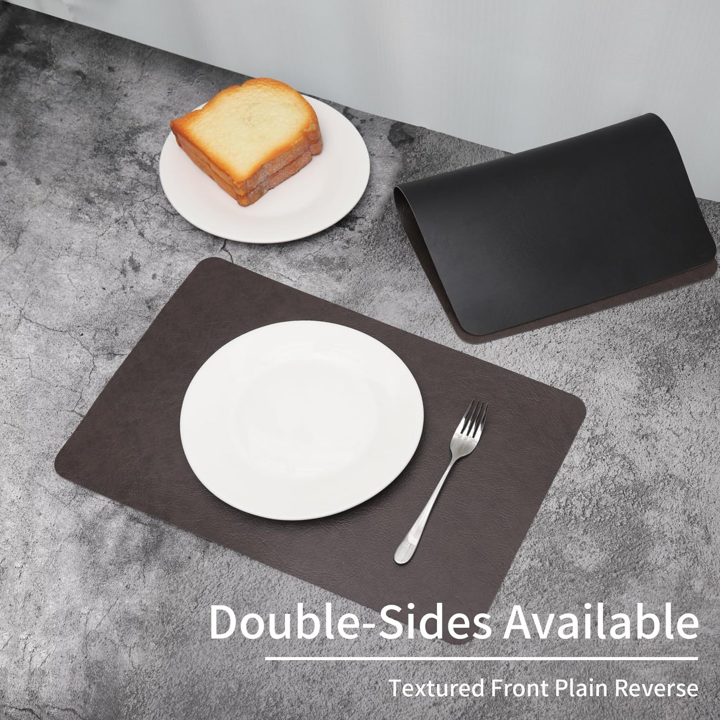 EDanle Cowhide Pattern Faux Leather Placemats Set of 4,Heat Resistant Non-Slip Waterproof Wipeable Washable Kitchen Dining PU Table Place Mats,Double-Sides Available,Black Brown