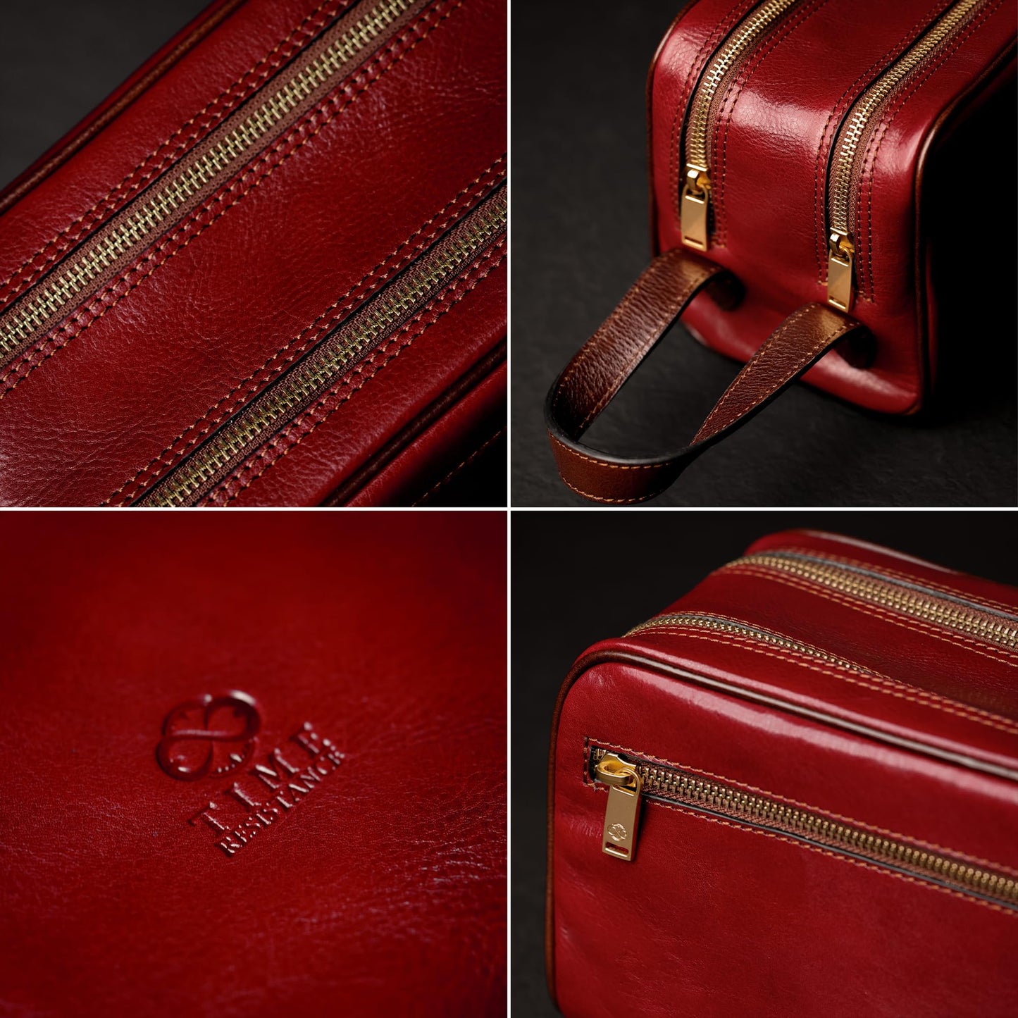 Time Resistance Leather Cosmetic Bag - Italian Toiletry Dopp Kit (Red)