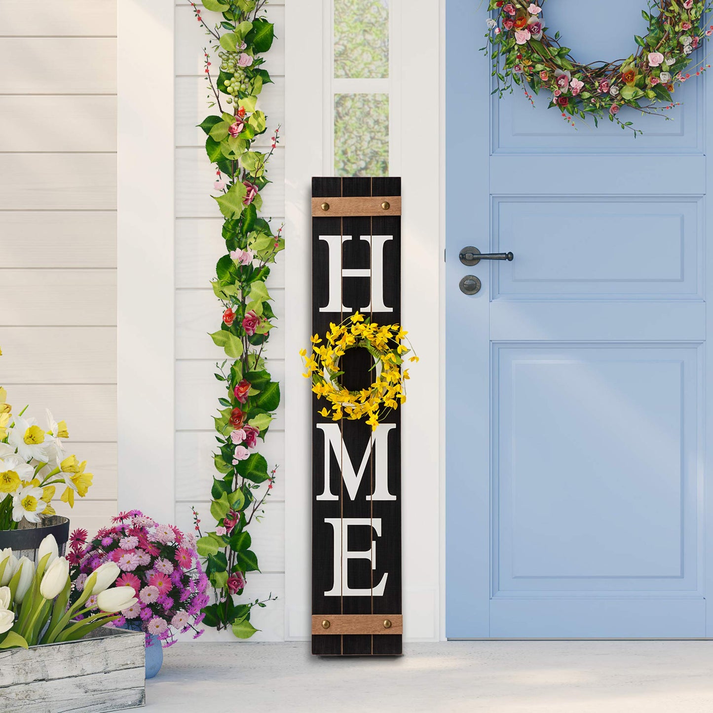 Glitzhome 42" Wooden Welcome Home Porch Sign with Interchangeable Wreaths for Front Door Vertical Farmhouse Standing Home Sign Hanging Wall Sign for Year Spring Fall Thanksgiving Christmas