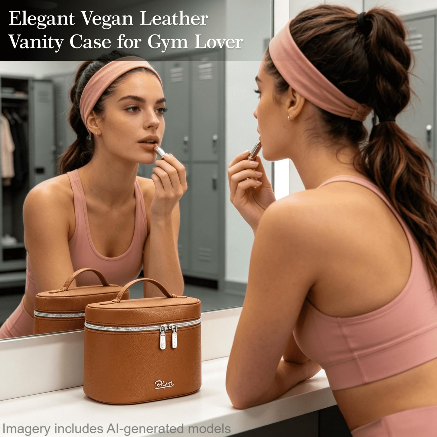 BOYATU Makeup Bag Vanity Case: Vegan Leather Cosmetic Bag for Women - Waterproof Travel Toiletry Organizer with Removable Divider - Portable Make up Bag with Handle (Brown)