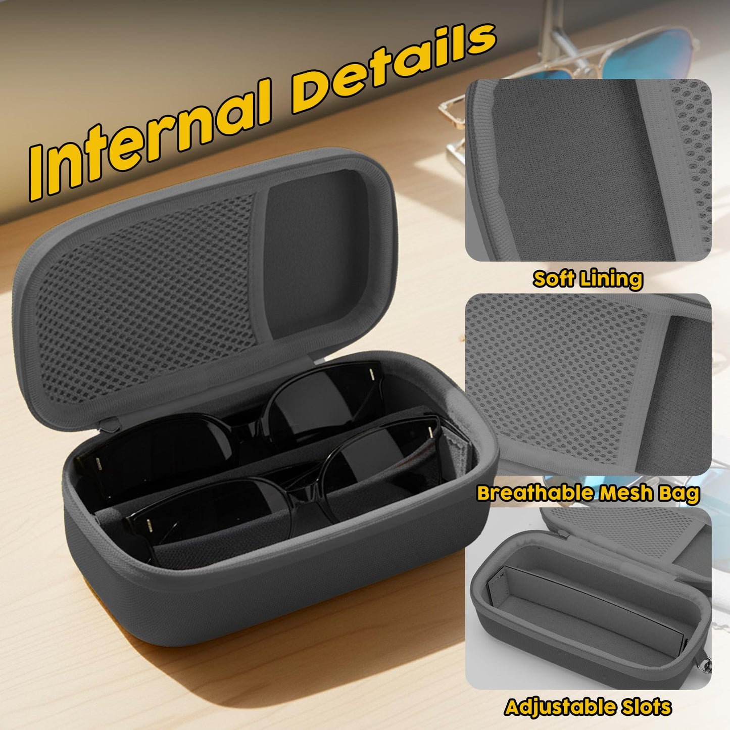 bipkonu Double Eyeglasses Case,Hard Shell Glasses Case Travel Sunglasses Organizer with Adjustable Slot & Clip for Men Women, Grey