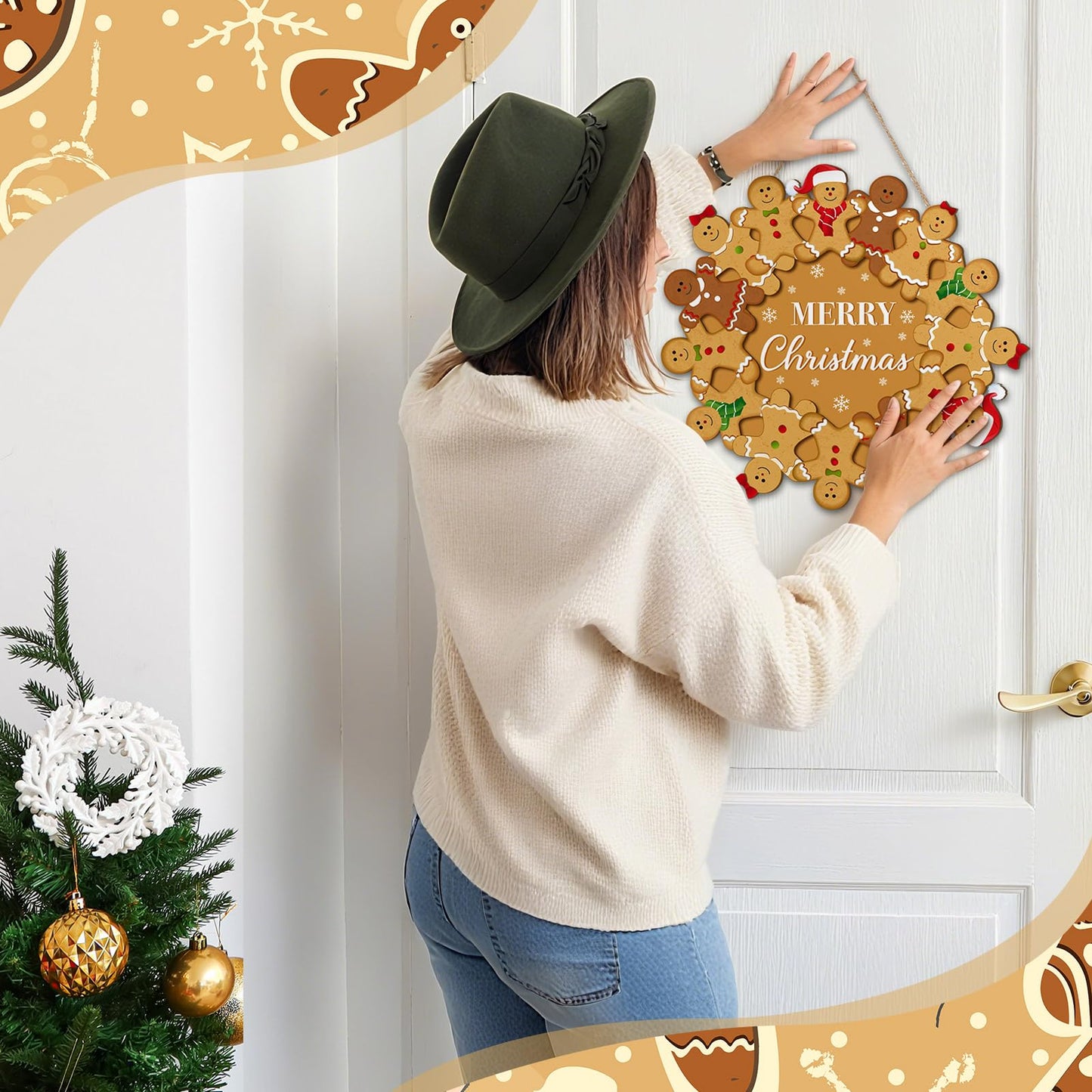 Yousoontic Merry Christmas Gingerbread Man Wreath, Wooden Gingerbread Man Front Door Hanging Sign for Holiday Xmas Indoor Outdoor Home Door/Wall Decor, 11.8 Inch