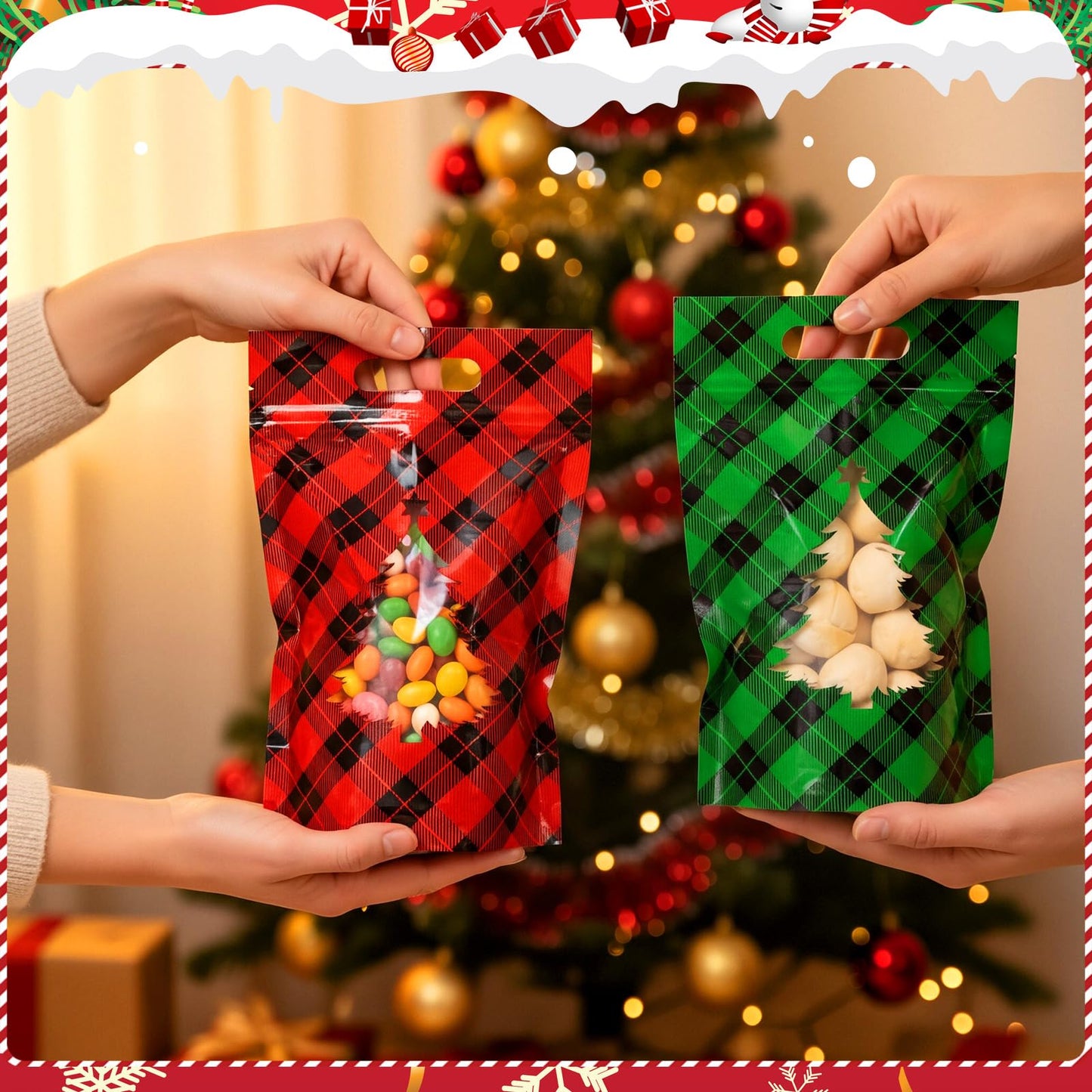 AmazingSpark Summer Christmas Candy Treat Bags with Windows, Holiday Plaid Plastic Sealing Bags with Handles for Xmas Holiday Party Candy or Snacks Gift Wrapping Supplies