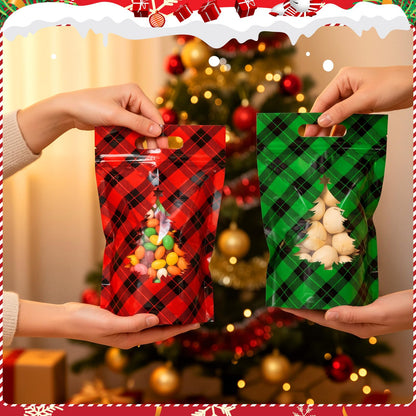 AmazingSpark Summer Christmas Candy Treat Bags with Windows, Holiday Plaid Plastic Sealing Bags with Handles for Xmas Holiday Party Candy or Snacks Gift Wrapping Supplies