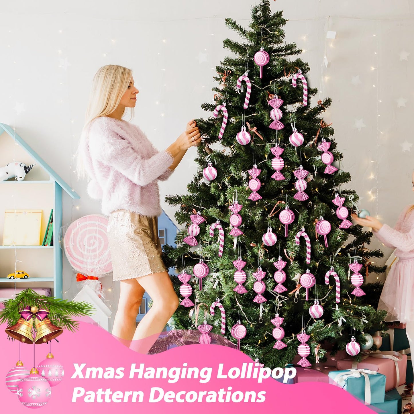 Liliful 30 Pcs Christmas Candy Cane Lollipop Ornaments Set Plastic Holiday Peppermint Candy Home Hanging Ornament Lollipop with Rope for Xmas New Year Party Decor(Pink White)