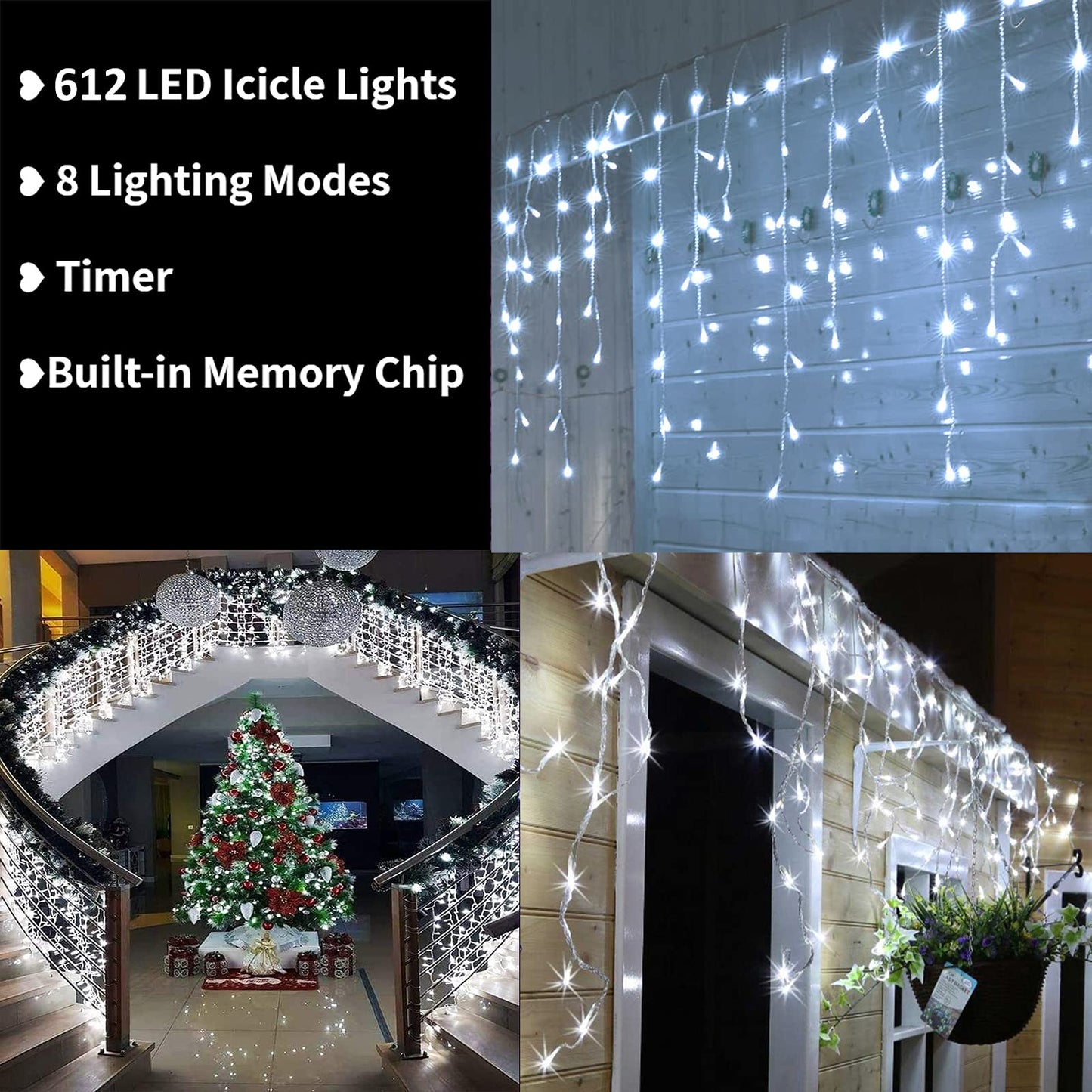 Toodour Christmas Icicle Lights Outdoor, 612 LED 50ft 8 Modes Fairy Icicle String Light with 102 Drops, Led Christmas Lights Twinkle for Holiday, Party, Wedding, Eaves, Xmas Decorations (White)
