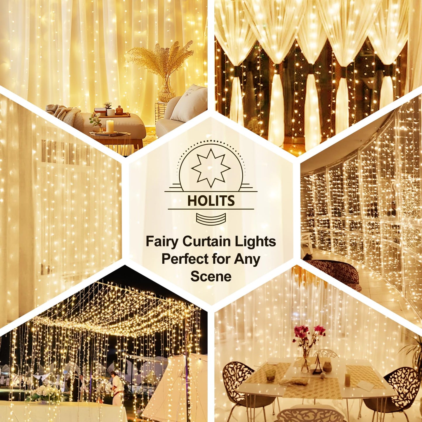 HOLITS Fairy Curtain Lights Upgraded Tangle-Free Warm White USB Plug in 8 Modes String Hanging Lights with Remote for Christmas, Bedroom, Indoor, Outdoor, Weddings, Party (6.6FTx6.6FT)