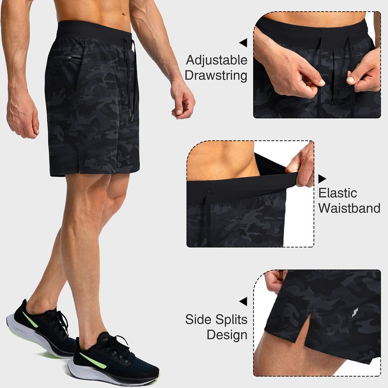 Soothfeel Men's Running Shorts with Zipper Pockets 7 Inch Lightweight Quick Dry Gym Athletic Workout Shorts for Men (Grey Camo, XS)