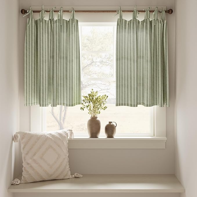 jinchan Tie Top Linen Kitchen Curtains 24 Inches Striped Tier Curtains Farmhouse Modern Cafe Style Small Window Treatments Airy Light Filtering Rod Pocket for Living Room Bathroom 2 Panels Sage Green