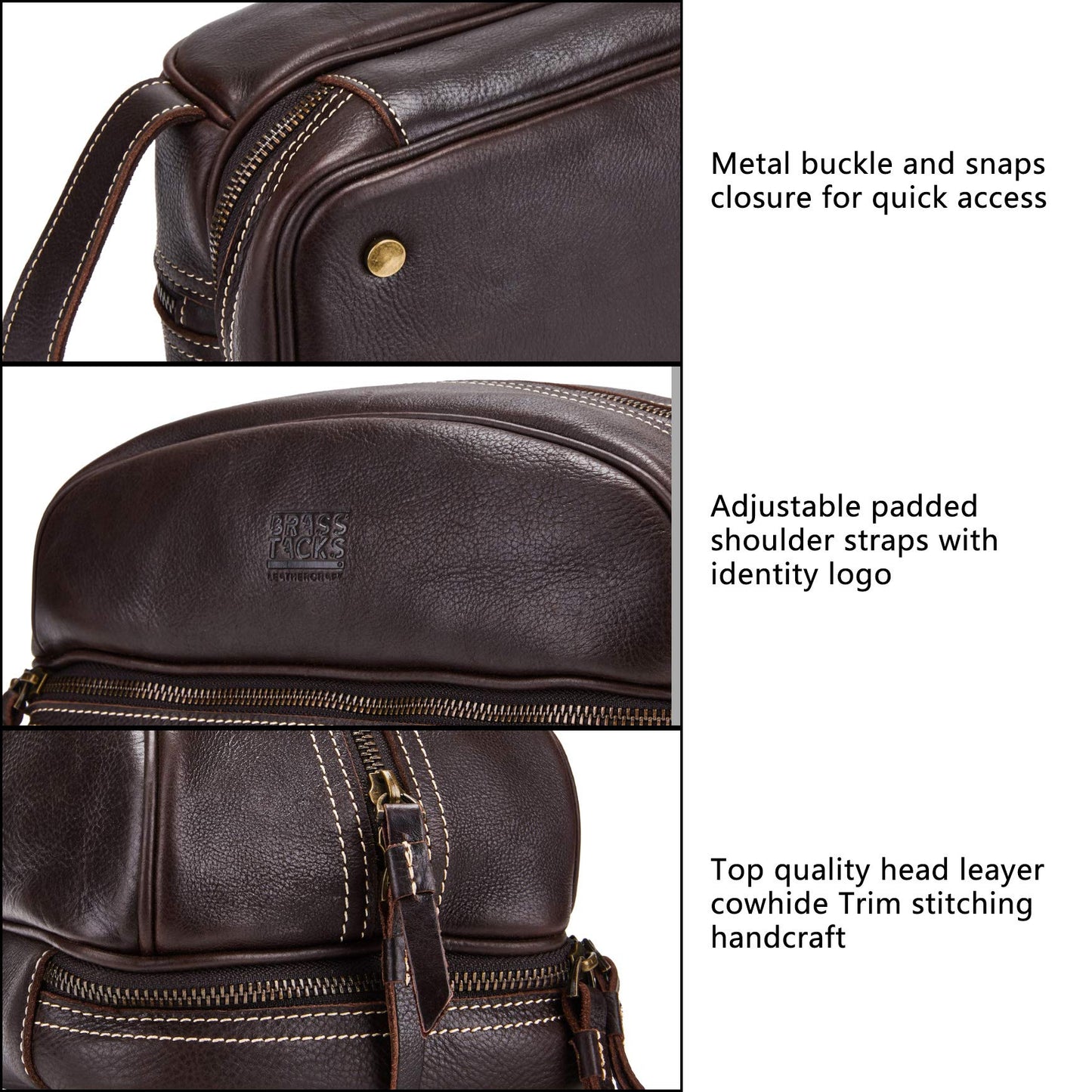 BRASS TACKS Leathercraft Travel Toiletry Organizer Dopp Kit Water-resistant Genuine Leather Shaving Bag for Toiletries Accessories For Men Women (Dark Brown)