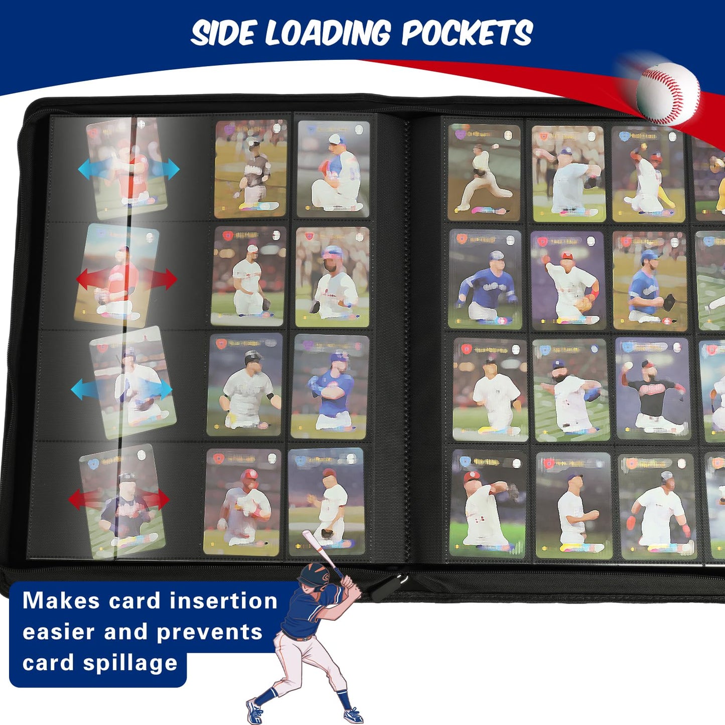 Baseball Card Binder 16 Pocket, Premium 1000+ Cards PU Cover Trading Sports Card Binder Side Loading Card Holder Collection Album Folders