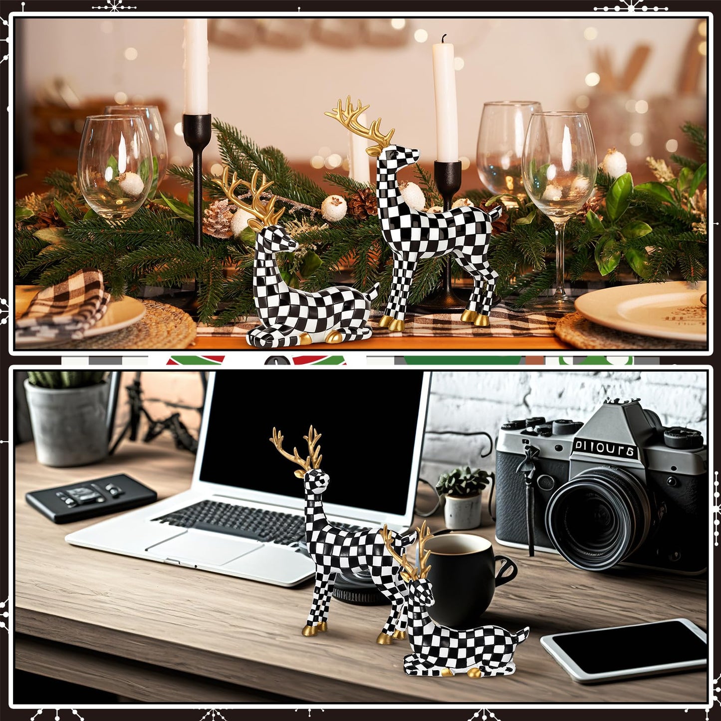 Yookeer 2 Pcs Christmas Reindeer Decoration Small Black and White Grid Deer Figurines Christmas Tabletop Reindeer Statue Centerpiece Ornaments for Mantel Fireplace Living Room Bedroom Decor