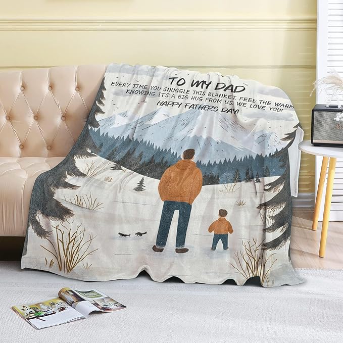Fleece Blanket - 50x60in Dad from Daughter Birthday Heartfelt Message Throw Blankets,Mountain Landscape,Soft Cozy Lightweight, Ideal for Living Room Home Decor