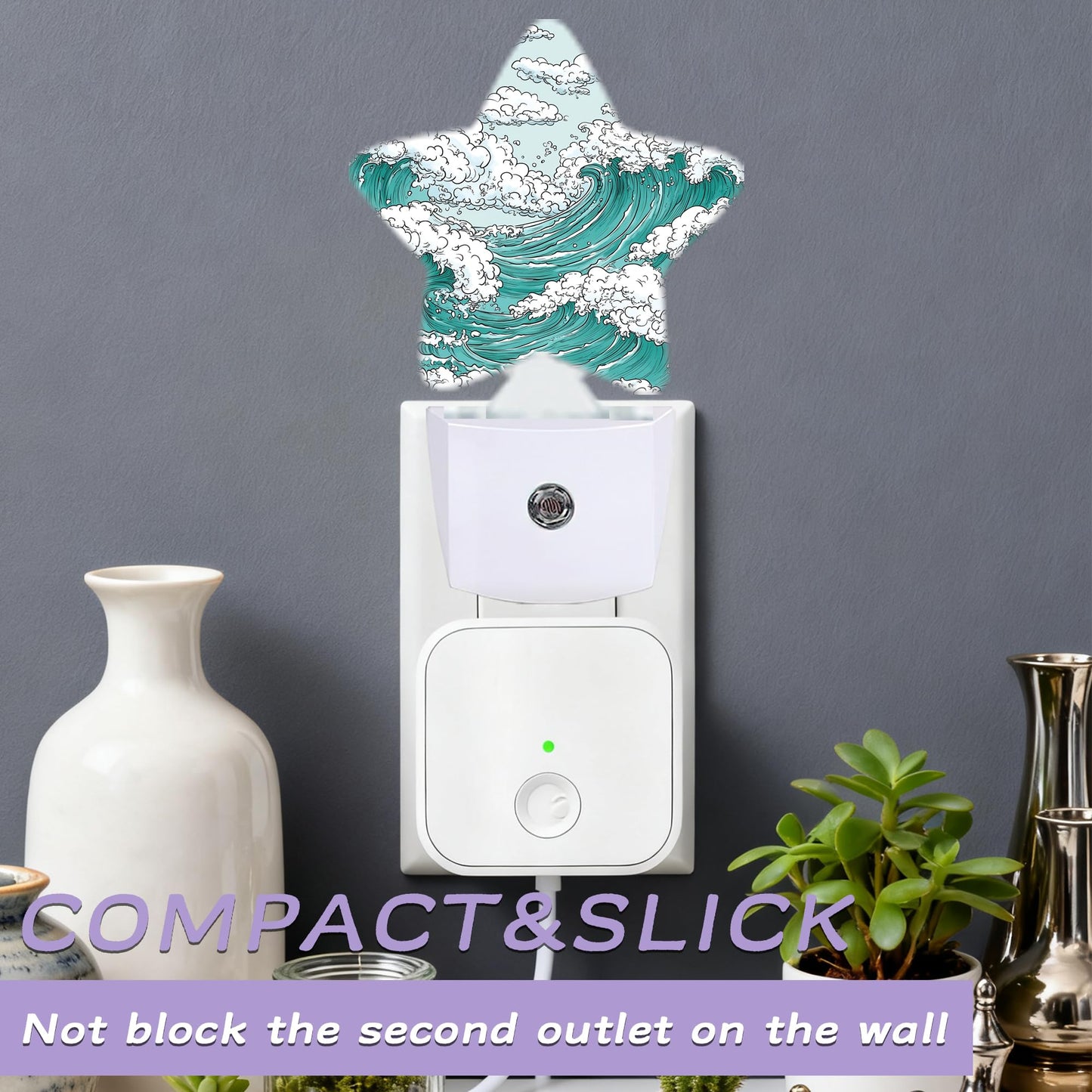 Japanese Wave Art Decorative Nightlight Plug in Wall,Classic Ocean Star Shaped Night Light with Built in Sensor for Home Decor,Kitchen Hallway Stairs Desk Lamp